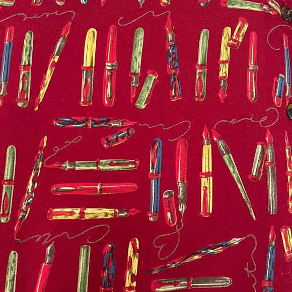 Vintage Calligraphy Fountain Pen Novelty Print Button Up Down Blouse Shirt Top - Picture 7 of 9